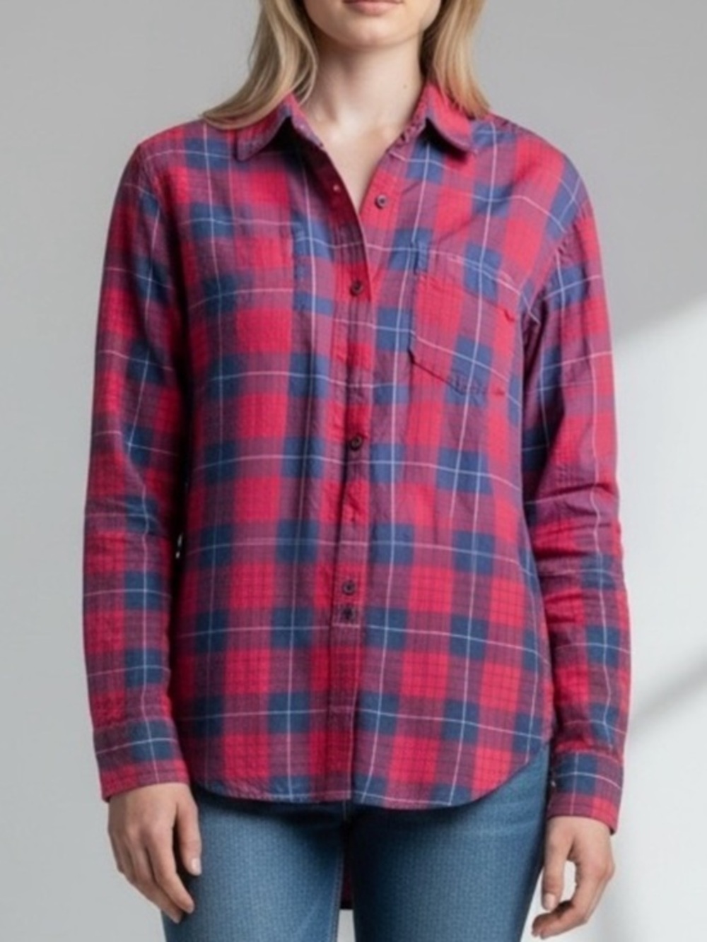 Madewell Red and Navy Plaid Flannel Button-Up